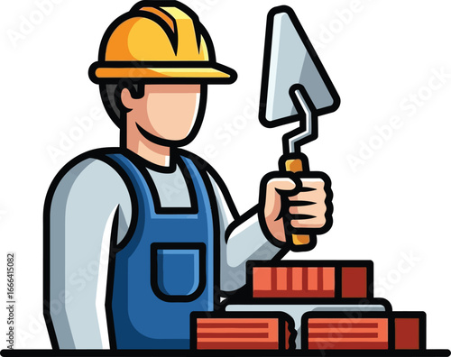 Cartoon illustration of a construction worker wearing a hard hat and overalls, holding a trowel, with bricks nearby.