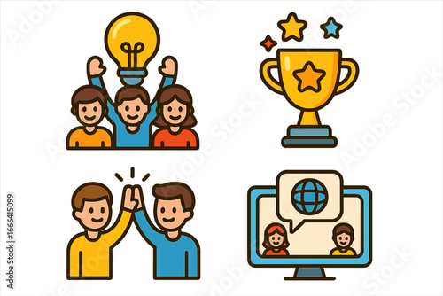 Teamwork idea and success icon set. Business achievement, award and collaboration concept. High five for partnership. Online meeting and remote work vector cartoon graphic.