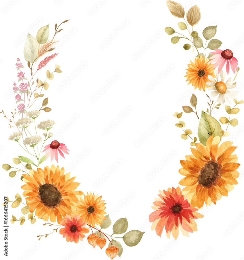 Watercolor Sunflower and Wildflower Wreath