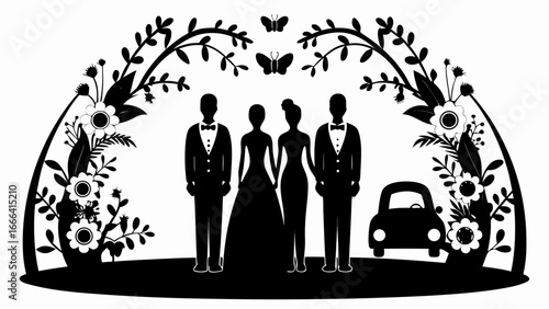 Silhouette of a newlywed couple with groomsmen and a car under a floral arch with butterflies above them