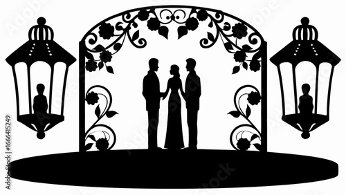 Silhouette of a same sex wedding with floral arch and lanterns in a black and white illustration