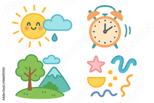 Set of cute cartoon vector icons. Kawaii weather illustration with smiling sun and cloud. Nature landscape with tree and mountain. Time concept with alarm clock and abstract shapes.