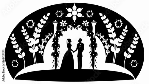 Silhouette of a bride and groom holding hands under a floral archway with decorative plants around it