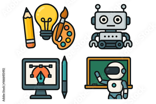 Creative tools and robotics icon set representing innovation in technology and art. Education concept with robot teacher, graphic design computer, and painting supplies. Vector.