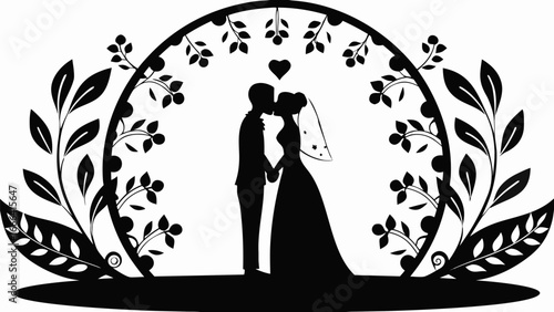 Silhouette of a kissing couple under a floral arch with a heart above them in a black and white illustration