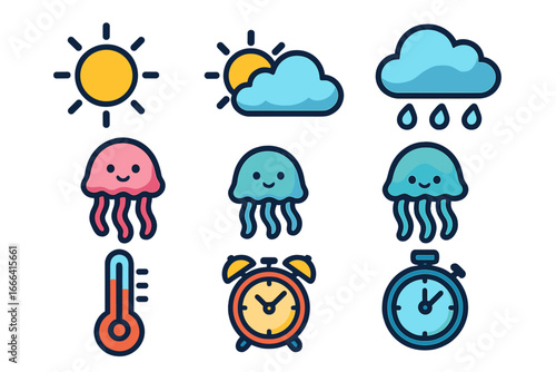Weather forecast icon set with cute jellyfish. Sun, cloud, rain, thermometer. Time management concept with alarm clock and stopwatch. Cartoon vector flat graphic design elements.