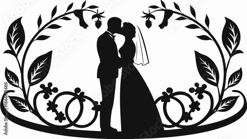 Silhouette of a kissing wedding couple framed by floral branches and interlocking rings design element