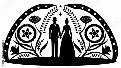 Silhouette of a bride and groom holding hands surrounded by floral and star designs in black and white