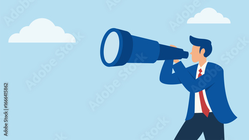 Businessman using binoculars to search for candidate in recruitment flat vector illustration