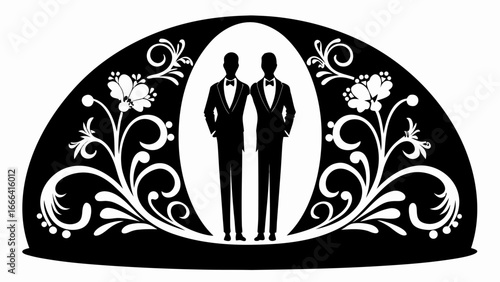Two grooms in tuxedos framed by floral flourishes in a decorative black and white graphic design element