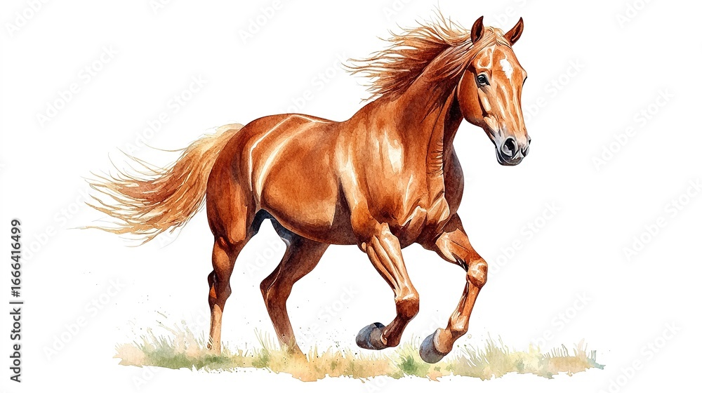 Fototapeta premium A vibrant illustration of a chestnut horse running gracefully, capturing the energy and beauty of equine movement in a natural setting.
