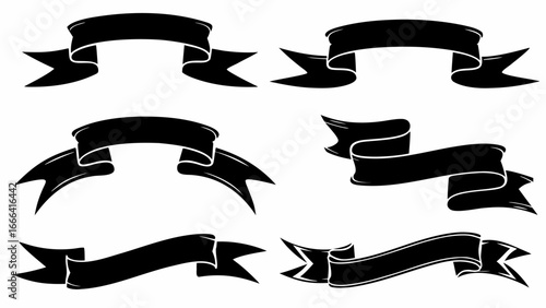Illustration of six black decorative banners with varied shapes and ribbon like tails on a white background