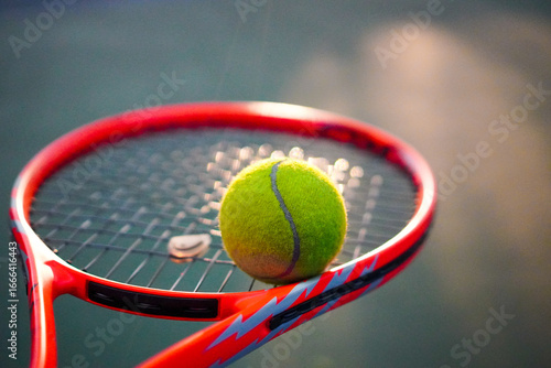 A close-up of a tennis ball resting on a racket in the afternoon.