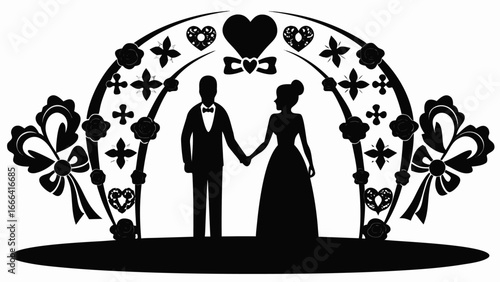 Silhouette of a bride and groom holding hands under a floral arch with heart and bow decorations