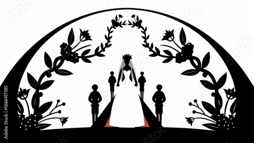 Silhouette of a bride under a floral archway with attendants in a wedding scene design element