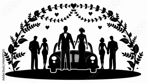 Silhouette of a wedding scene with bride groom car couple guests hearts and floral arch in black and white