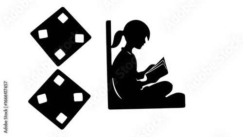 Illustration of a girl reading a book next to two diamond shapes with square cutouts in black and white