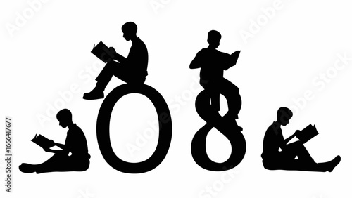 Silhouette figures reading books while sitting on the numbers zero and eight in a graphic design