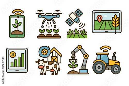 Smart farming vector icons. Agricultural technology, agri-tech concept. Modern agriculture with drone, robot, satellite. Precision farming and automation illustration.