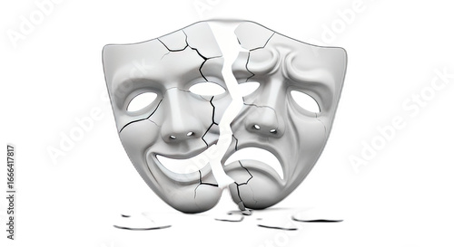 A cracked white mask showing a happy and sad face on a black background illustration