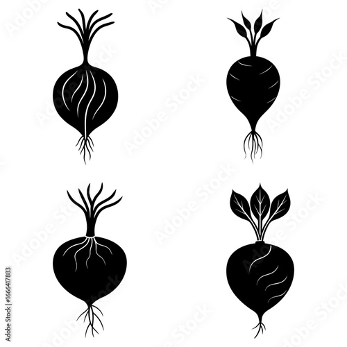 Four black and white silhouetted images of root vegetables with leaves and root systems displayed nicely