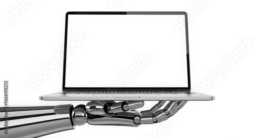 Robotic hand holds laptop with blank screen technology concept transparent background