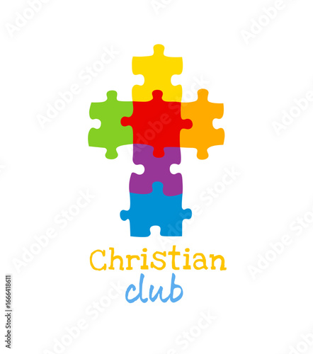 Christian cross as a puzzle set. Creative symbol. The concept of educational or special ministry. Sunday school logo design. T shirt graphic. Merch idea. Positive icon.
