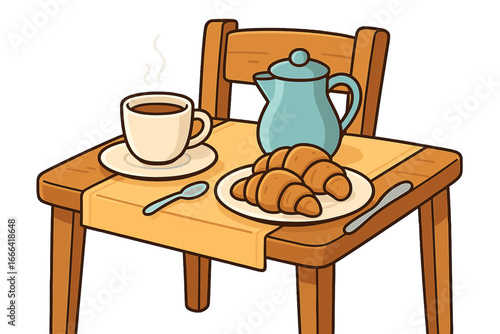 Cozy morning breakfast with hot coffee and fresh croissants. Simple food and drink setup on a chair. Vector cartoon illustration for cafe, bakery or hygge lifestyle concept.