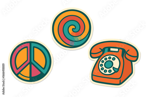 Set of groovy retro stickers from the 70s. Hippie culture symbols including a peace sign, psychedelic swirl, and vintage rotary telephone. Nostalgic vector illustration.