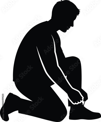 Vector art of a silhouette of a man kneeling to tie his shoelaces before a run