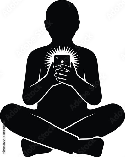 Vector art of a silhouette of a man meditating with a smartphone, radiating light