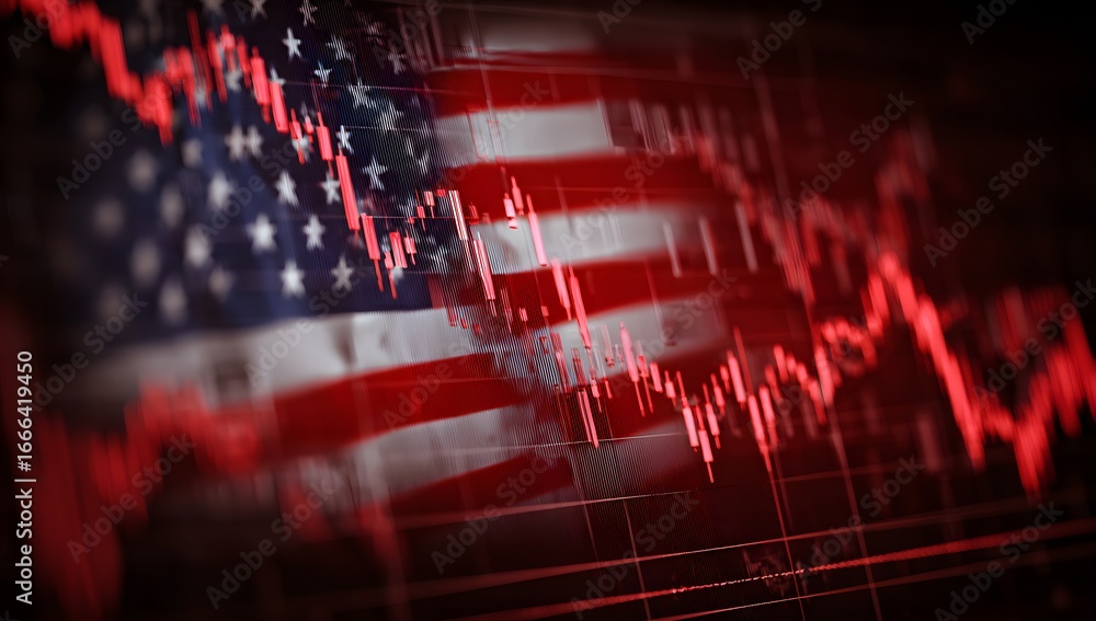 Naklejka premium A red stock market graph with the USA flag in front of it, creating an iconic and powerful scene