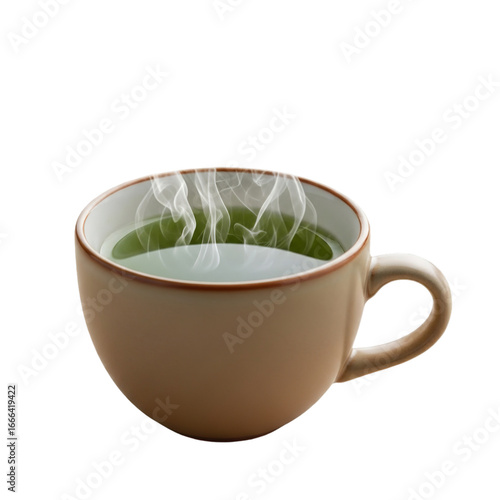 Photo of a steaming cup of hot green tea, isolated on transparent background, representing warmth, relaxation, and a healthy beverage choice for any time of day