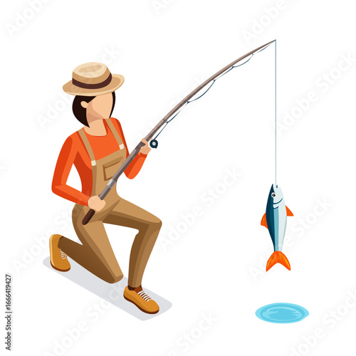 Vector retro cartoon fisherman close-up pulling rod, fish jumping
