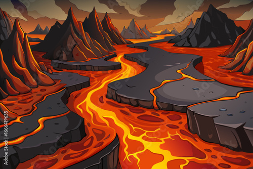 A molten lava river flows through a dark volcanic canyon, glowing like fire against black rocks, creating a dramatic and fiery natural landscape.