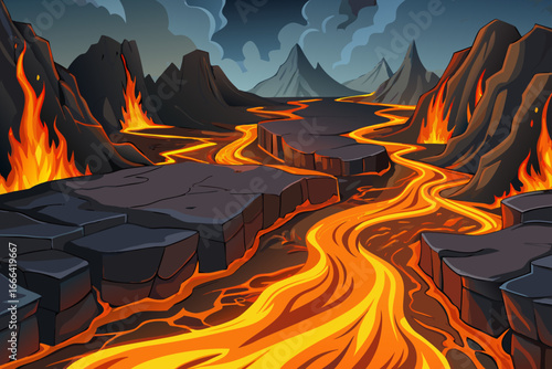 A molten lava river flows through a dark volcanic canyon, glowing like fire against black rocks, creating a dramatic and fiery natural landscape.