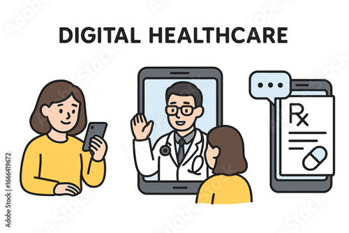 Digital healthcare concept. Telemedicine, online medical consultation with doctor via smartphone. Patient access to virtual healthcare and remote prescription service. E-health.
