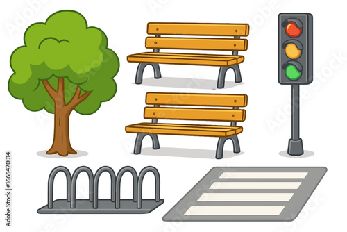 City park and street elements set. Vector cartoon illustration of a tree, park bench, bicycle rack, traffic light, and crosswalk for urban planning and infrastructure design.
