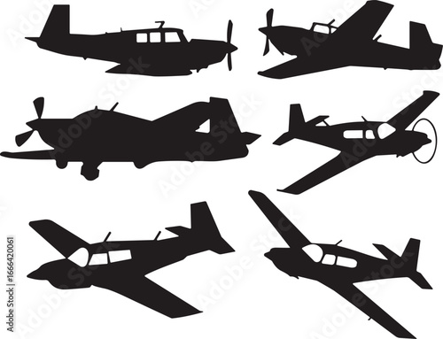 Black silhouette set of six small aircraft, single-engine propeller planes, aviation training, flight spotting, general aviation, isolated vector