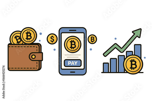 Cryptocurrency payment concept. Bitcoin wallet, mobile pay app for digital transaction. Financial growth chart, crypto investment, and trading. Blockchain technology vector.