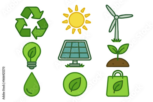 Eco-friendly icon set with renewable energy symbols. Vector collection of green power, sustainability, and ecology signs. Includes recycle, solar panel, wind turbine, and plant.