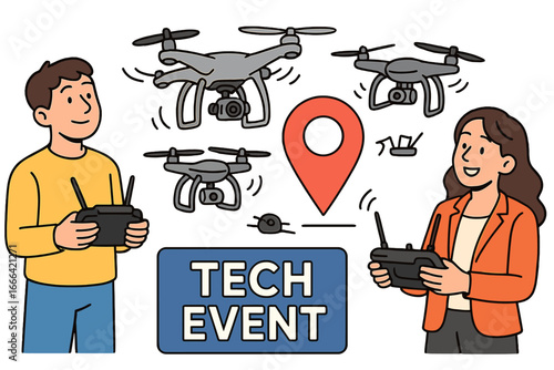 People operating drones with remote controls at a tech event. Man and woman showcasing aerial technology and innovation. Quadcopter flight, location pin, and UAV concept vector.
