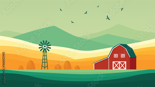 Farm landscape with barn and windmill vector illustration.