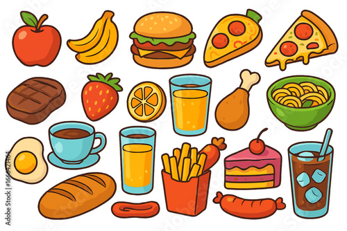 Big set of food and drink icons. Cartoon vector illustration collection of fast food, fruits, meals and beverages. Hamburger, pizza, coffee, juice for menu design.
