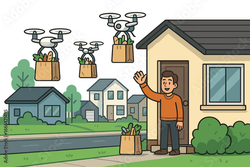 Delivery drones transporting groceries to a customer's doorstep in a modern neighborhood. Future of logistics, autonomous e-commerce, and contactless food delivery service.