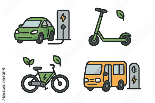 Electric vehicles and eco-friendly transport icon set. Modern urban mobility solutions with e-car, e-scooter, e-bike, and bus. Green energy & sustainable transportation.