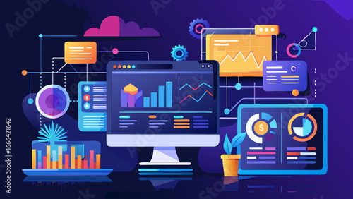 Banner software UI stretches across devices, app dashboards reveal graphs and charts, analytics and coding merge, development process glows dynamic, timeless vision of digital transformation inspires 