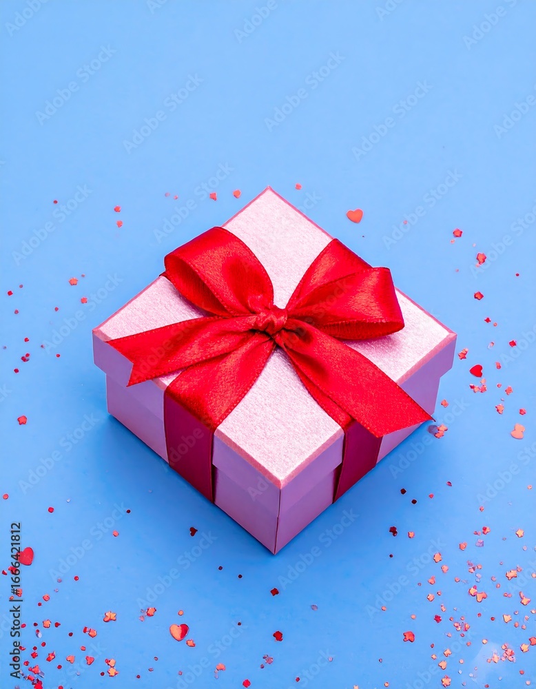 Obraz premium A square gift box, adorned with a vibrant red ribbon, sits on a vibrant blue background, scattered with tiny heart-shaped confetti.