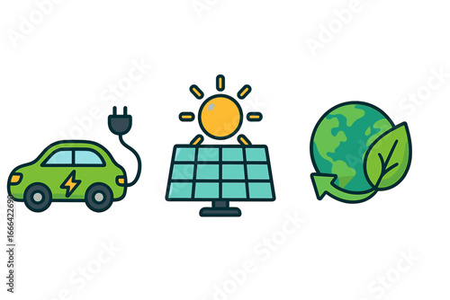 Sustainable energy vector icon set. Green technology concept with electric car, solar panel, and eco planet earth symbols. Renewable power, environmental conservation illustration.
