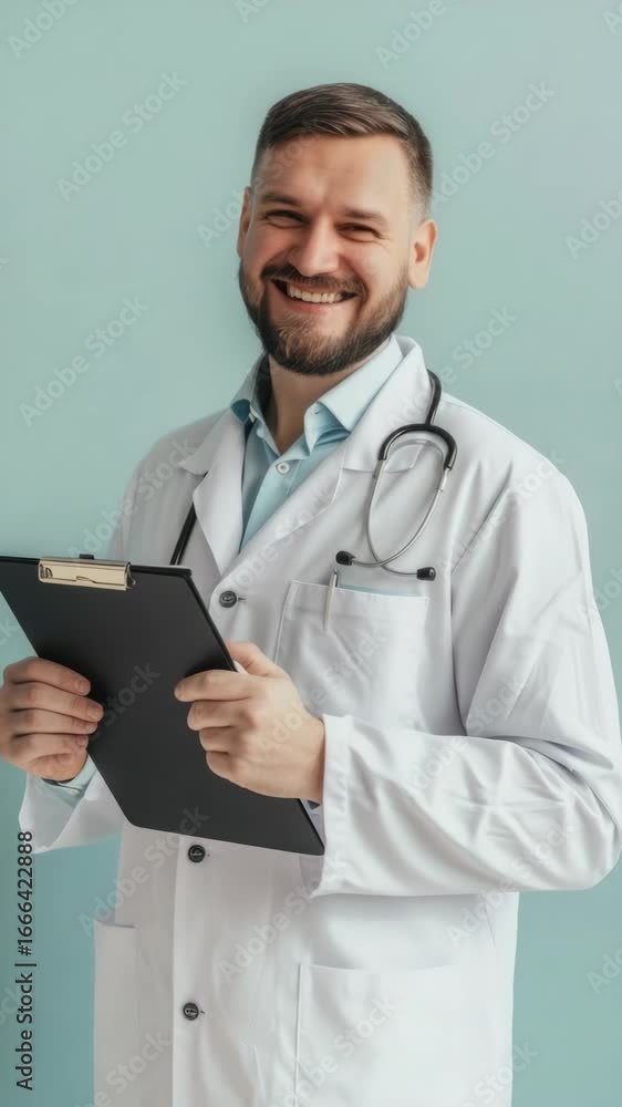 Smiling man in medical gown holding notebook and pen, professional healthcare setting background blurred Smiling man in medical gown holding notebook and pen, professional healthcare setting background blurred